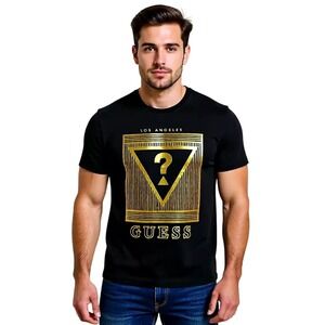Guess Mens Black Gold Foil Triangle Logo Graphic T-Shirt L‎ NWT